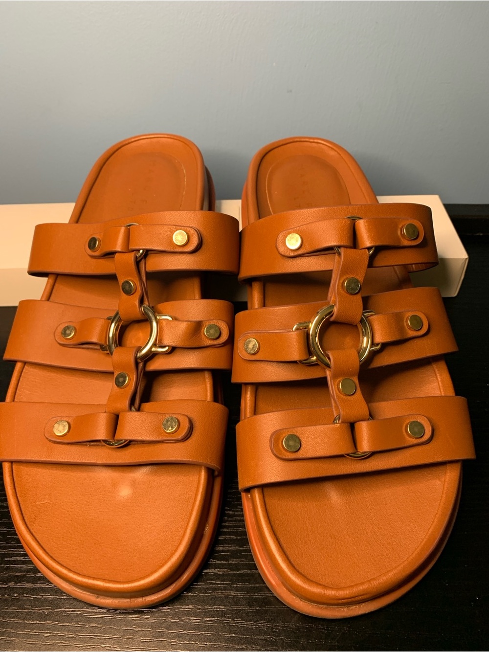 Marc Fisher Cognac Triple-Strap Slide Sandals with Gold Rings